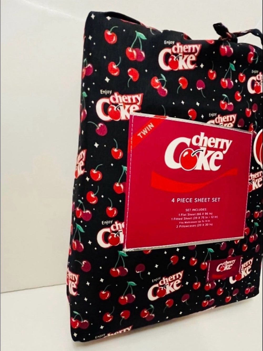 Enjoy Cherry Coke Twin Size 4 Piece Sheet Set Black Red White Green - Picture 3 of 12